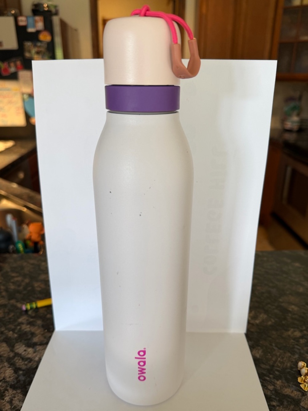 Owala Cream Insulated Water Bottle with Purple Collar and Pink Accents